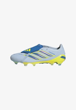White and yellow soccer cleat with blue accents, side stripes, a folded blue lace cover, and "Predator" branding on the side.