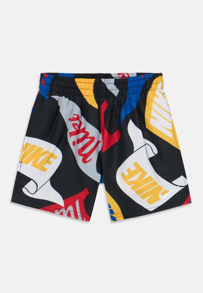 Costume da bagno nero con una grafica colorata e stampata con loghi rossi, gialli e blu. Vita elastica e tessuto leggero.