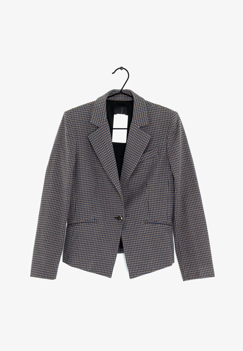 Bruine en blauwe geblokte blazer van textuurstof, met een gesneden kraag, twee voorkzakken en een enkele knoopsluiting.