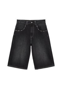 Short en denim noir avec design cinq poches, fermeture bouton et zip, et coupe allongée longueur genou.