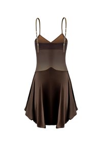 Braunes Kleid mit dünnen Trägern, eng anliegendem Oberteil, ausgestellt Rock und durchscheinendem Oberteil. Verfügt über verstellbare Beschläge an den Trägern. Weiche Textur.