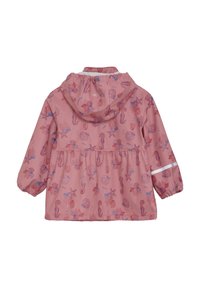 Rosa vattentät jacka med huva, med ett marin-tema och mönster av havsdjur. Elastiska ärmslut och en reflexrand på ärmarna.