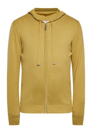 Senfgelber Kapuzenpullover mit Reißverschluss, langen Ärmeln und Kordelzügen an der Kapuze, dargestellt auf weißem Hintergrund.