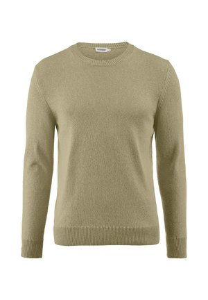 Beiger langärmliger Strickpullover mit rundem Ausschnitt sowie gerippten Bündchen an Ärmeln und Saum, präsentiert vor weißem Hintergrund.