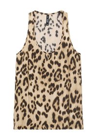 Tanktop med leopardmønster, der har en scoop-neck, ærmeløst design og et glat, let stof i beige og brune nuancer.