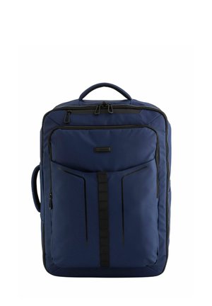 Navy blue backpack features smooth fabric, dual zippers, front pocket, and black accents. Includes a top handle for easy carrying.