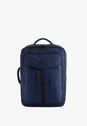Navyblauwe rugzak met een gladde stof, dubbele ritsen, een voorvak en zwarte accenten. Inclusief een handvat aan de bovenkant voor gemakkelijk transport.