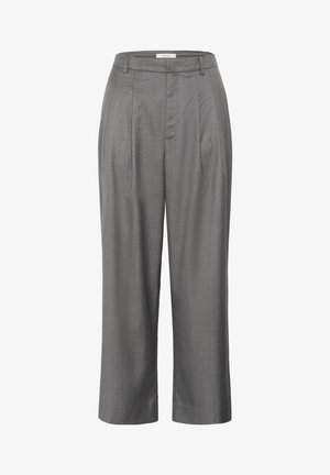 Gray tailored trousers with a straight fit, featuring a pleated front, smooth fabric texture, and a classic waistband design.