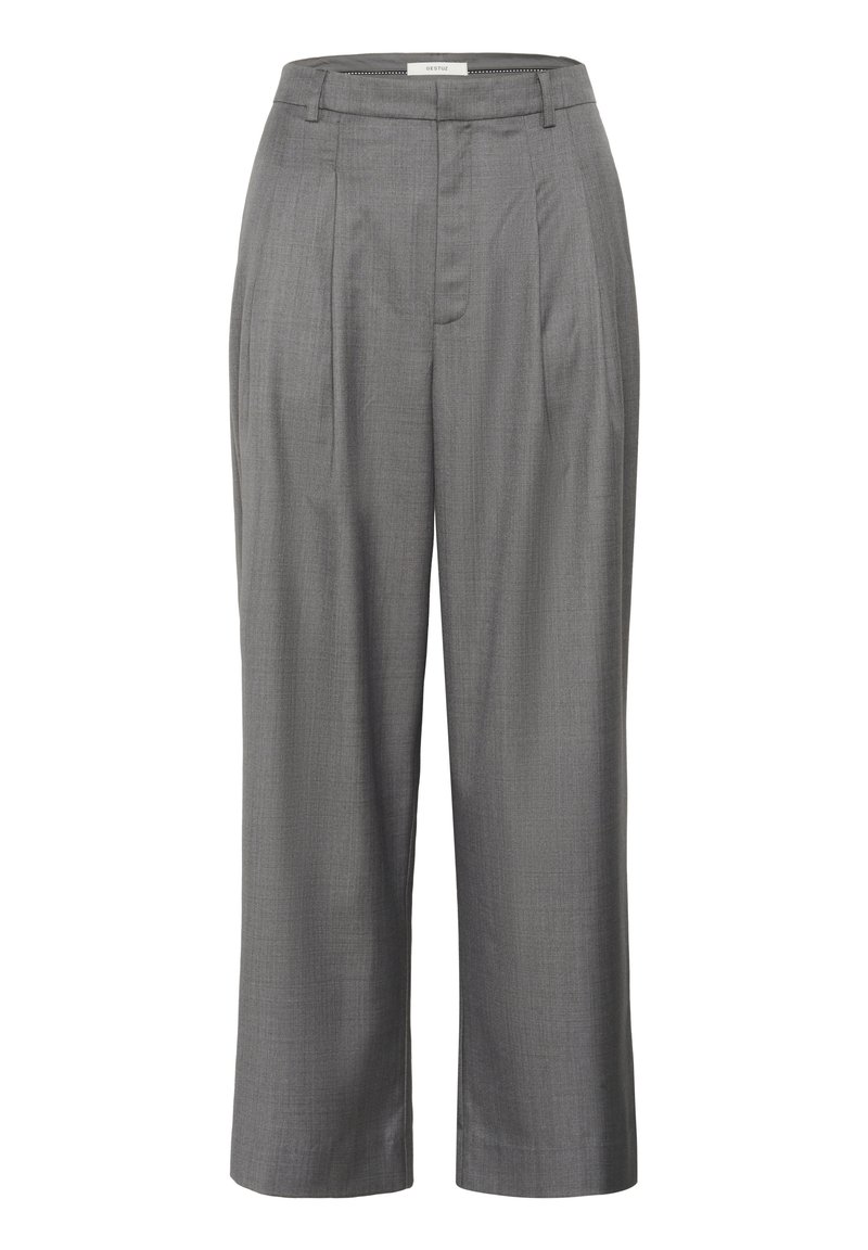 Graue maßgeschneiderte Hose mit geradem Schnitt, ausgestattet mit einem plissierten Vorderteil, glattem Stoff und einem klassischen Taillendesign.