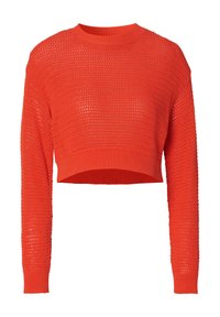 Geknipt sweater in feloranje, gemaakt van open gebreide stof met lange mouwen en een geribbelde ronde hals. Textuurpatroon over de hele lengte.