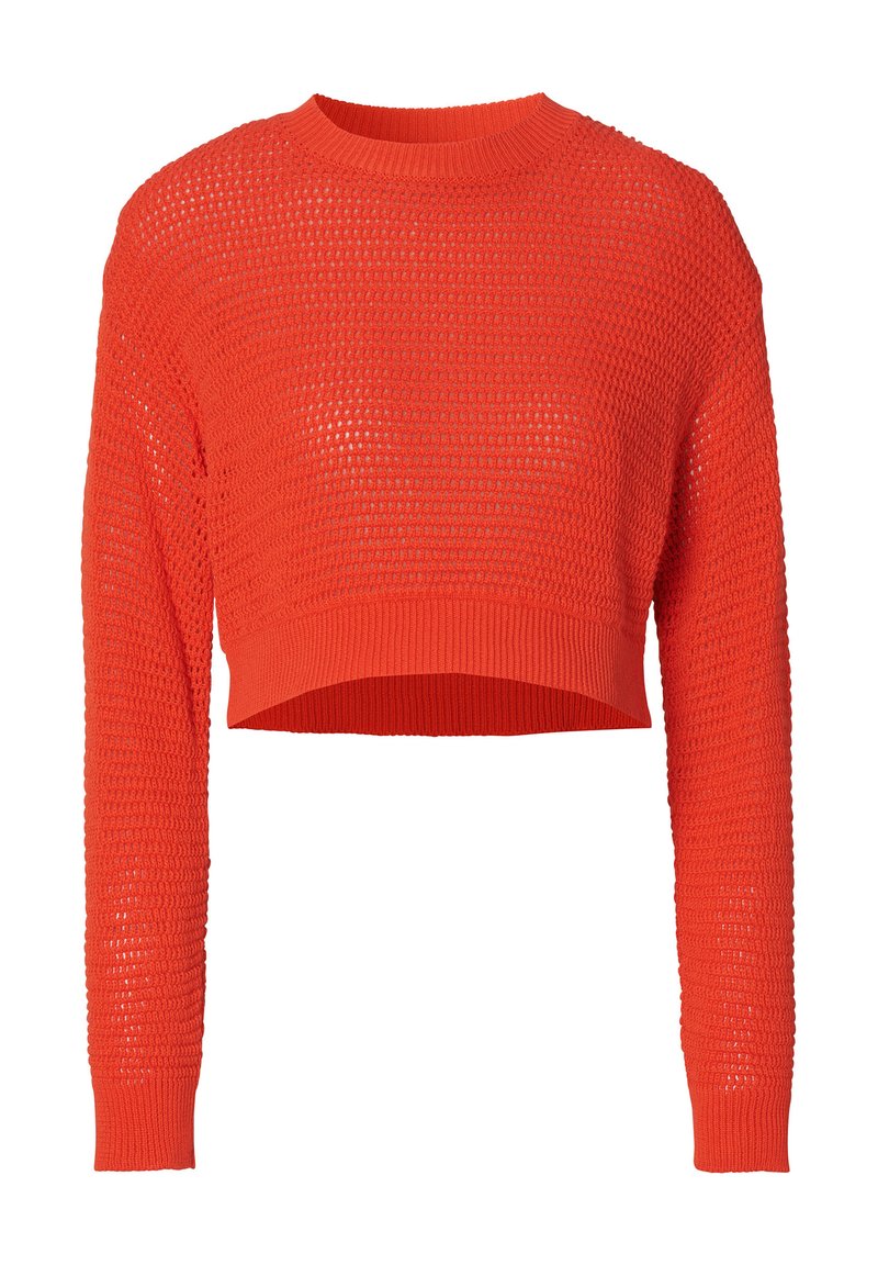 Geknipt sweater in feloranje, gemaakt van open gebreide stof met lange mouwen en een geribbelde ronde hals. Textuurpatroon over de hele lengte.