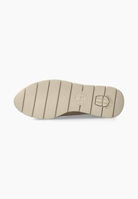 Semelle de chaussure en caoutchouc beige avec des rainures horizontales, forme de bout arrondi et logo en relief. Texture lisse avec un design solide et plat.