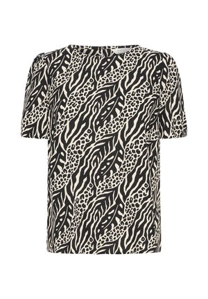 Korte mouwen blouse met zwart-beige dierenprint die zebrastripes en luipaardvlekken combineert, ronde halslijn en ritssluiting aan de achterkant.