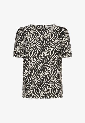 Short-sleeve blouse with black and beige animal print mixing zebra stripes and leopard spots, round neckline, and back zipper closure.