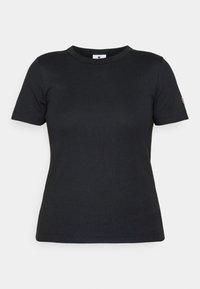 Sort bomulds t-shirt med korte ærmer, rund halsudskæring og logo-accent på ærmet. Glat tekstur og enkelt, klassisk design.