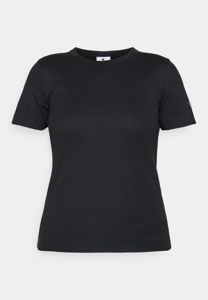 Black cotton t-shirt with short sleeves, crew neckline, and logo accent on the sleeve. Smooth texture and simple, classic design.