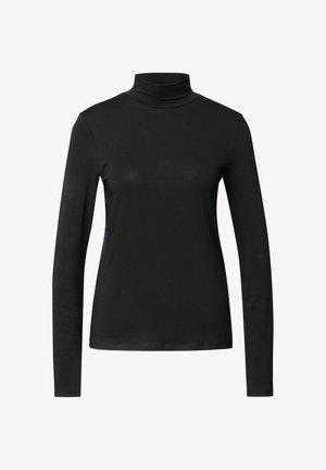 Czarna bluzka z długim rękawem i golfem o dopasowanym kroju, z gładką teksturą, na białym tle.