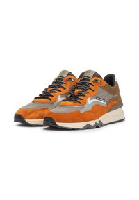 Sneakers con pannelli in suede arancione e mesh grigio. Presentano lacci neri, linguetta a strisce e una suola piatta beige con dettagli a zigzag.