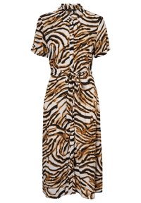 Sukienka zapinana na guziki w kolorze białym, z czarnym i brązowym wzorem w paski tygrysa. Krótkie rękawy i detal w postaci związania w talii. Gładki materiał.