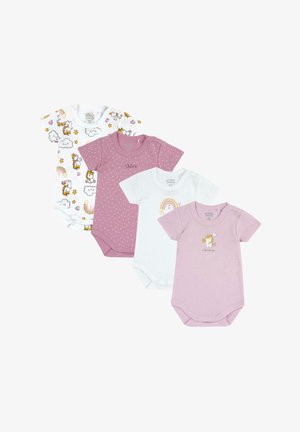 Four baby bodysuits: white with animal print, light pink with polka dots, white with rainbow graphic, dark pink with animal detail.