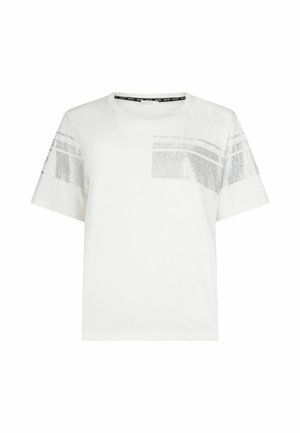 T-shirt blanc à manches courtes avec des rayures en sequins argentés sur la poitrine et les manches, col rond et ourlet droit.