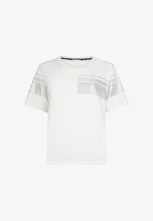 T-shirt blanc à manches courtes avec des rayures en sequins argentés sur la poitrine et les manches, col rond et ourlet droit.