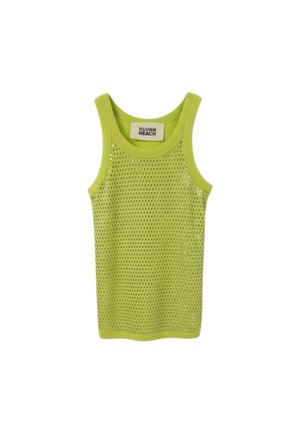 Canotta senza maniche in rete verde con scollo rotondo e etichetta del marchio "Silvian Heach" sul colletto interno posteriore.
