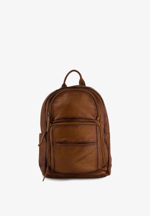Brauner Leder-Rucksack mit mehreren Reißverschlussfächern, einem oberen Griff und dem Markennamen Venezia, der auf der Fronttasche geprägt ist.