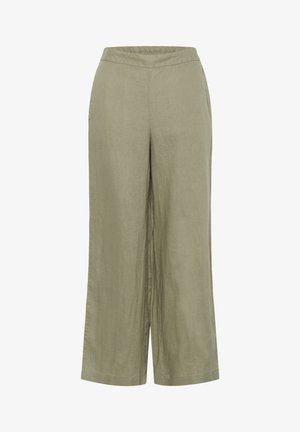 Pantalones amplios de lino verde claro con cintura elástica y bolsillos laterales. Presentan una textura suave y líneas limpias.