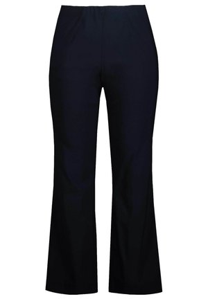 Pantalons évasés bleu marine en tissu lisse, dotés d'une taille élastique et de lignes épurées pour un look soigné.
