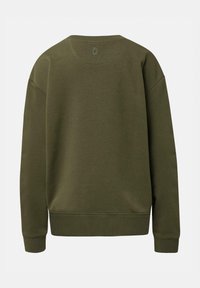 Bluza w kolorze oliwkowej zieleni z okrągłym dekoltem, długimi rękawami oraz ściągaczami na mankietach i dole. Gładka faktura z minimalistycznym wzorem.