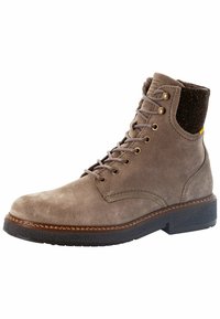 Braune Wildleder-Stiefelette mit einem strukturierten, dunkelbraunen Stoffkragen, runder Spitze, fünf Ösen und Gummisohle mit kontrastierenden braunen Nähten.