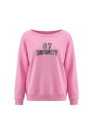 Lyserød sweatshirt med lange ærmer, ribmanchetter og ribkant, med teksten "67 INFINITY" i fedt mønstret skrift foran.