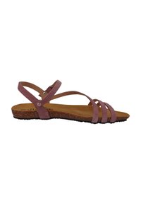 Lila Wildledersandalen mit mehreren geschwungenen Riemen, einem Korkfußbett und einer flachen Gummisohle. Verstellbarer Knöchelriemen für einen sicheren Sitz.