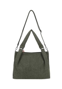 Groene lederen handtas met een brede, gestructureerde body, zachte, ronde handvatten en accenten van zilverkleurig metaal. Eenvoudig en functioneel ontwerp.