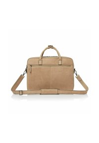 Beige Leder-Laptoptasche mit oberen Griffen, verstellbarem Tragegurt, Frontreißverschlussfach und glatter Textur. Merkmale sind minimale Nähte und ein zurückhaltendes Design.