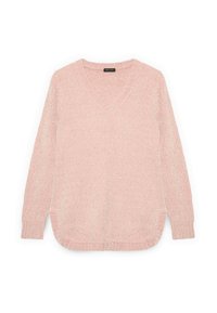 Helle rosa gestrickte Pullover mit V-Ausschnitt, langen Ärmeln und seitlichen Schlitzern. Weiche Textur, leicht oversized Passform und gerippter Saum.