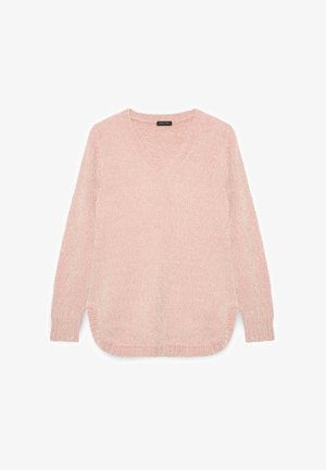 Maglione a maglia rosa chiaro con scollo a V, maniche lunghe e spacchi laterali. Tessuto morbido, vestibilità leggermente oversize e orlo a coste.