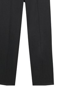 Schwarze gerade Hosen aus leichtem Stoff. Mit vorderen Bügelfalten, zwei diagonalen seitlichen Taschen und einer glatten Textur.