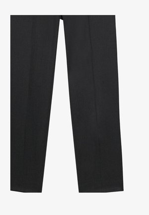 Schwarze gerade Hosen aus leichtem Stoff. Mit vorderen Bügelfalten, zwei diagonalen seitlichen Taschen und einer glatten Textur.