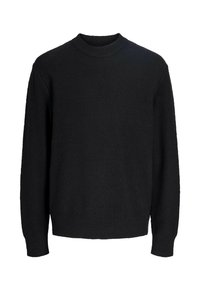 Maglione nero realizzato in materiale morbido, con scollo tondo, maniche lunghe e polsini e orlo a coste. Texture liscia senza motivi visibili.