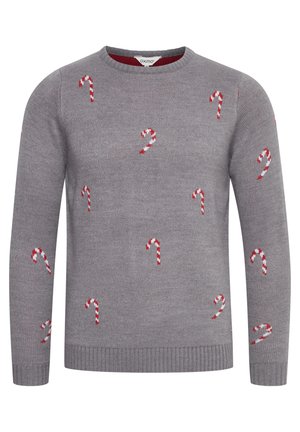 Grå strikket genser med røde og hvite polkagris mønstre brodert på forsiden. Ribbestrikkede mansjetter og nederkant for ekstra tekstur.