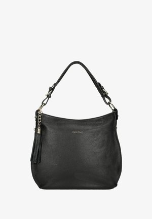 Zwarte leren schoudertas met een gestructureerde afwerking, een enkele schouderband en een decoratieve kwast; heeft metalen hardware en een geperst logo.