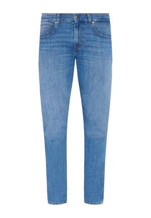 Jeans in denim azzurro chiaro con vestibilità dritta, design a cinque tasche e chiusura con bottone. Presentano leggeri segni di whiskering nella parte anteriore.