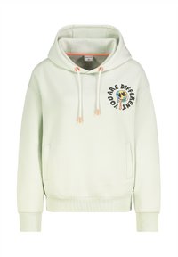 Lichtgroene hoodie gemaakt van zachte stof, met een grafische print met de tekst "JE BENT ANDERS" en een trekkoord met oranje punten.