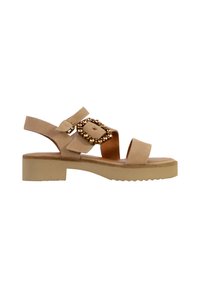 Sandal in suede beige con tacco spesso, due cinturini larghi, fibbia regolabile e dettaglio decorativo con fibbia impreziosita da perle dorate.