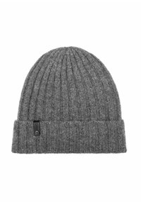 Szary, dzianinowy kapelusz beanie o prążkowanej teksturze, z podwiniętym mankietem i małą metką marki z boku. Wykonany z miękkiego materiału.