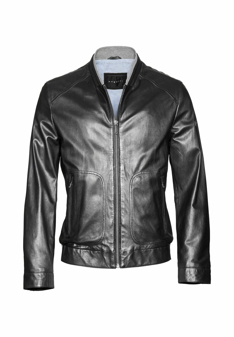 Schwarze Lederjacke mit Reißverschluss vorne, rundem Kragen und zwei Vordertaschen. Glatte Textur, taillierte Passform und minimale Nähte.