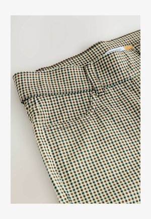 Geruite broeken in beige, groen en bruin, met een gestructureerde stof, gestikte zoom en standaard tailleband met een klein achterzakje.