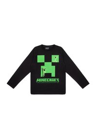 Black long-sleeve shirt featuring a large green pixelated design of a Creeper character with "Minecraft" text in bold green at the bottom.